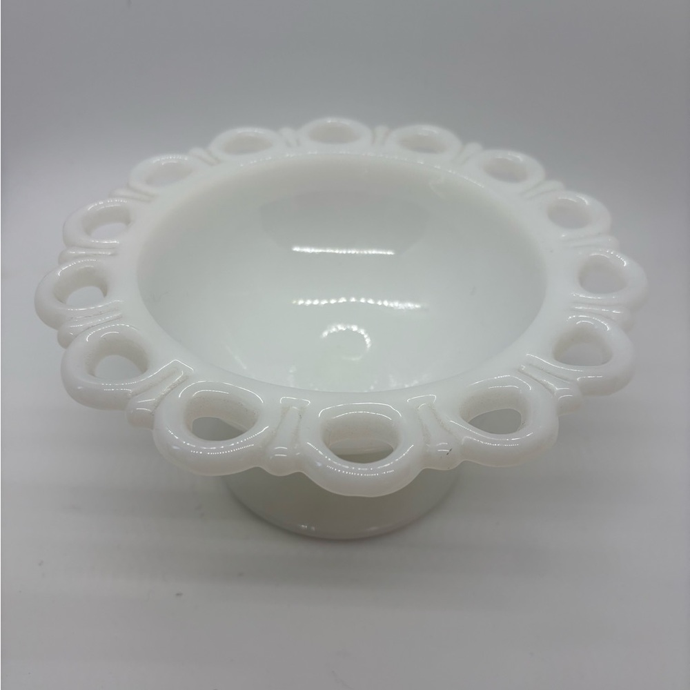 Vintage Anchor Hocking Milk Glass Pedestal Bowl with Lace Edge